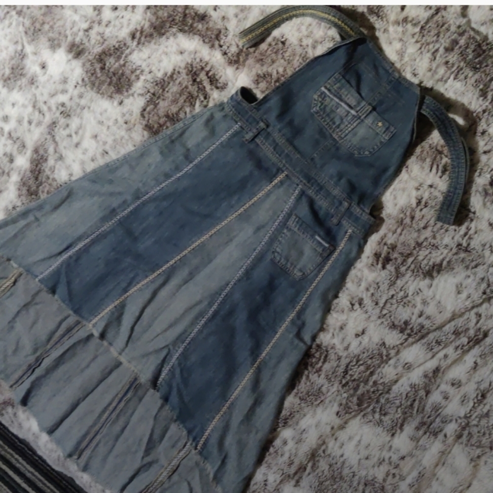 Vintage Free People patch hi lo asymmetrical denim jumper overall skirt dress 4
